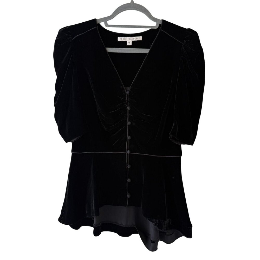 Veronica Beard 4 Hayden Top Black Velvet Silk Button Front Puff Ruched Sleeve